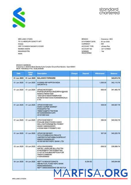 Downloadable India Standard Chartered bank account statement word version 3 template
